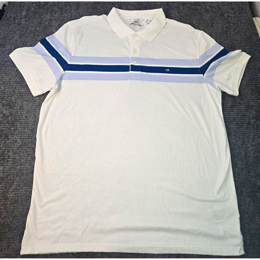 Calvin Klein Liquid Touch Men's XL Polo Shirt White Blue Striped Logo Cotton